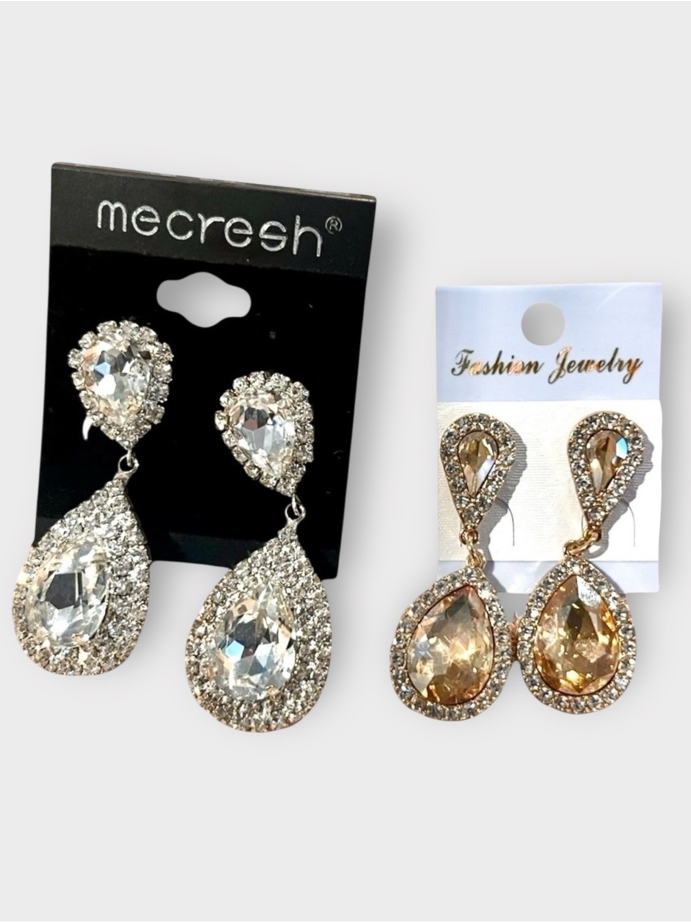 Rhinestone Teardrop Statement Earring | Crystal & Champagne | 2 Pair Set Bundle
